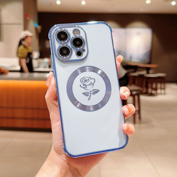 Magsafe- case kompatibelt med Iphone 15 Pro Max, lyxplätering Rose Flower Soft Tpu Stötsäkert cover för kvinnor, tjejer Blue For iPhone 15 Pro Max