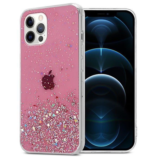 Apple iPhone 12 / 12 PRO Hülle Handy Cover TPU- case - Genomskinlig med glitter Black with glitter iPhone 12 / 12 PRO