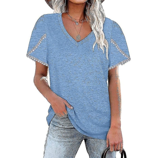 2023 kortärmad t-shirt för kvinnor Casual lös rund halsad topp Mode som andas sommarkläder Nytt Blue 2XL