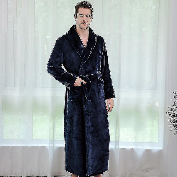 Kvinnor Män Vinter Plus Size Flanellrock Extra lång Huva Varm Morgonrock Lovers Tjock Kimono Badrock Man Morgonrock Robes men navy M