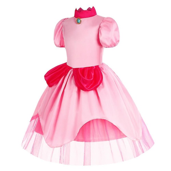 Barn Flickor Super Mario Bro Peach Cosplay Dräkt Prinsessan Paddstol Klänning med Krona Halloween Party Fancy Dress Outfits 7-8 Years