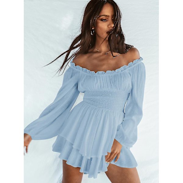 Kvinnor Off Shoulder Långärmad Romper Shorts Ruffle Jumpsuit Playsuit Blue M