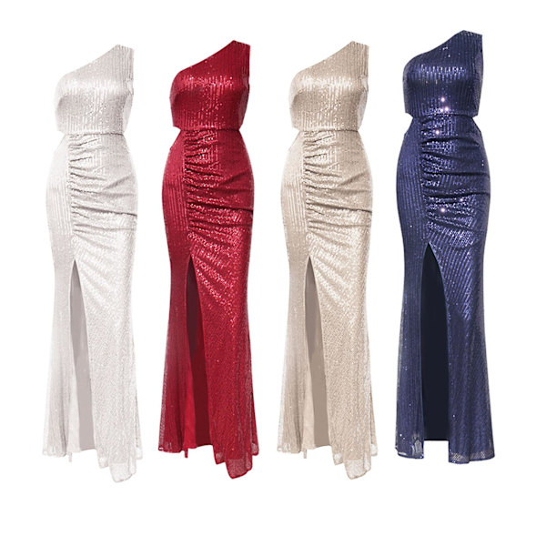 Kampanj 2023 Lång Sequin Split Aftonklänning, En Axelsequin Split Klänning, Bal Klänning, Festklänning(XS-L) Wine red M