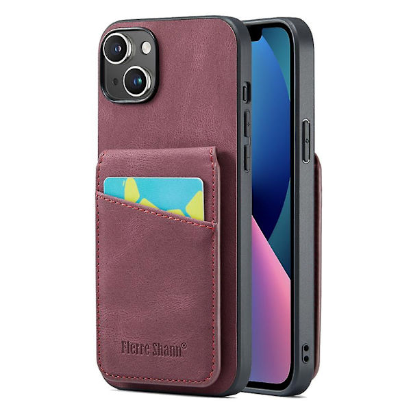 FIERRE SHANN Korthållare Phone case för iPhone 13 RFID Blocking PU Läder+TPU Kickstand Cover Red