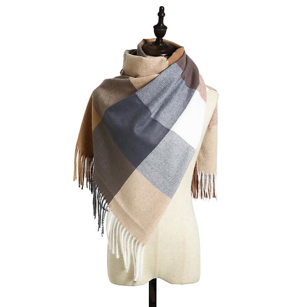Damscarf Randig plädsjal Elegant damstil höst- och vinterscarf-mörk kamel