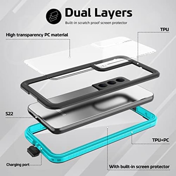 WIFORT Samsung Galaxy Note 20 Ultra Vattentätt case Inbyggt cover Vattentåligt hölje Skyddande fallskydd Hårt, Shockpr S22 Teal