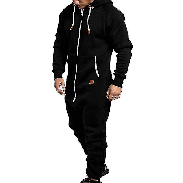 Män Onesie All In One Hoodie Zip Jumpsuit Vinter Casual Hooded Romper Playsuit Black 2XL
