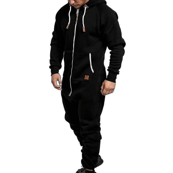 Men Onesie Allt i ett Hoodie Zip Jumpsuit Winter Casual Hooded Romper Playsuit Black XL