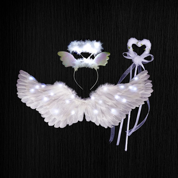 100% New-angel Wings, Light Up Angel Wings och Halo med LED-ljus White 65*35cm