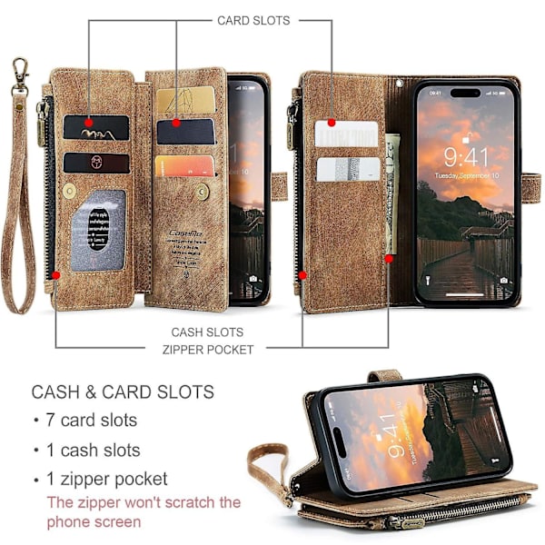 Multifunktionellt case för iPhone 15 Pro Max Brown