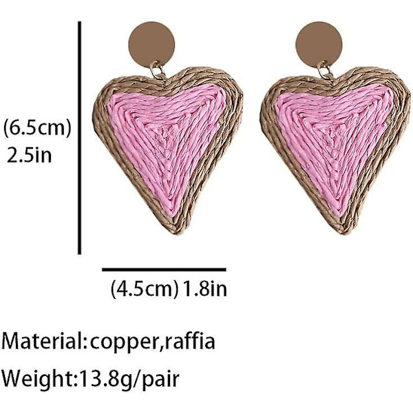 Bohemian Woven Straw Wicker Raffia Rotting Dingle Örhängen Geometriska Circle Round Drop Earrings pink heart