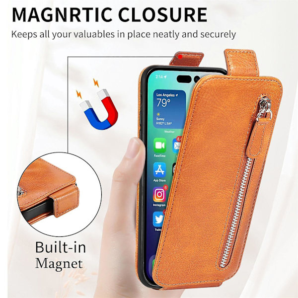 Dragkedja Plånbok Case För iPhone 15 Plus Brown