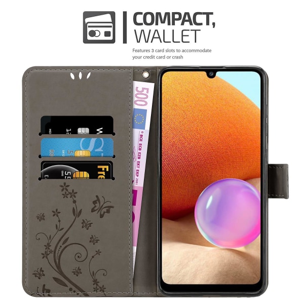 Samsung Galaxy A32 4G Cover Case Case - med blommönster och stativfunktion och kortplats FLORAL GREY Galaxy A32 4G