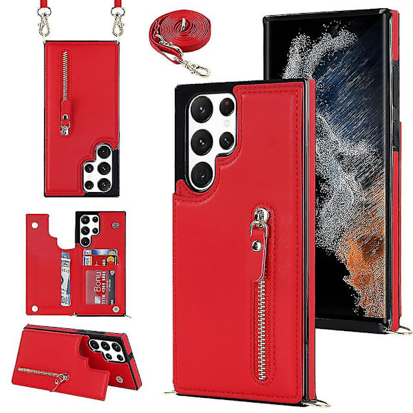 Crossbody axelrem case Kompatibel Samsung Galaxy S23 Ultra/ S23+/ S23 med korthållare Stötsäker Red for S23 Plus
