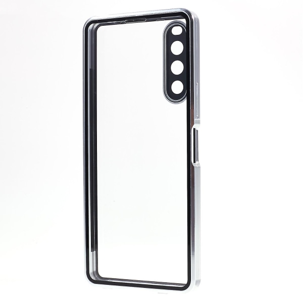 För Sony Xperia 10 V magnetiskt case Metallram + härdat glas + genomskinligt cover på baksidan Silver