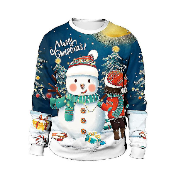 Jultröja Vinter Höst Crew Neck Toppar Sweatshirt Med Ren Santa Printed Snowman M