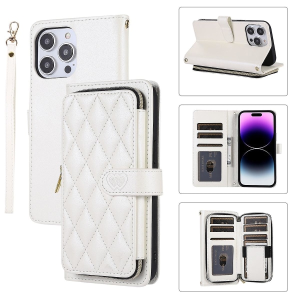 Crossbody dragkedja case kompatibel med Iphone 15 Pro Max, Pu läder stötsäkert cover med korthållare och rem White For iPhone 15 Pro Max