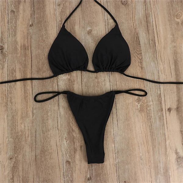Bikini Set Bandage Solid brasiliansk baddräkt Baddräkt Vadderade string baddräkter black M