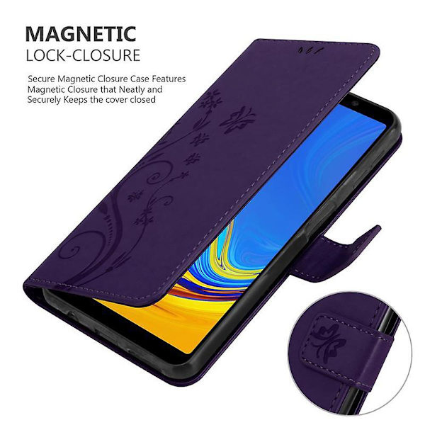 Samsung Galaxy A7 2018 Cover Case Case - med blommönster och stativfunktion och kortplats FLORAL DARK LILA Galaxy A7 2018