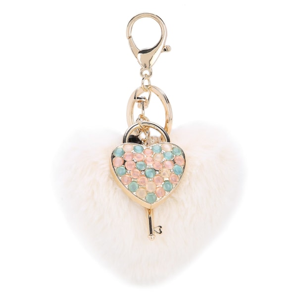 Hjärtformad fluffig plyschboll Nyckelring hängande handväska dekorationer för tjejer kvinnor (vit färgglad)
