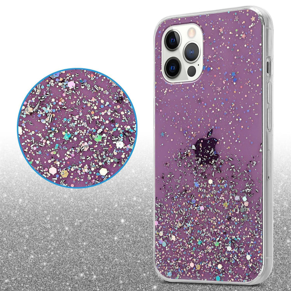 Apple iPhone 12 / 12 PRO Hülle Handy Cover TPU- case - Genomskinlig med glitter Purple with glitter iPhone 12 / 12 PRO