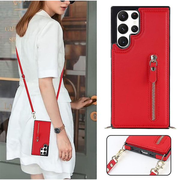 Crossbody axelrem case Kompatibel Samsung Galaxy S23 Ultra/ S23+/ S23 med korthållare Stötsäker Red for S23