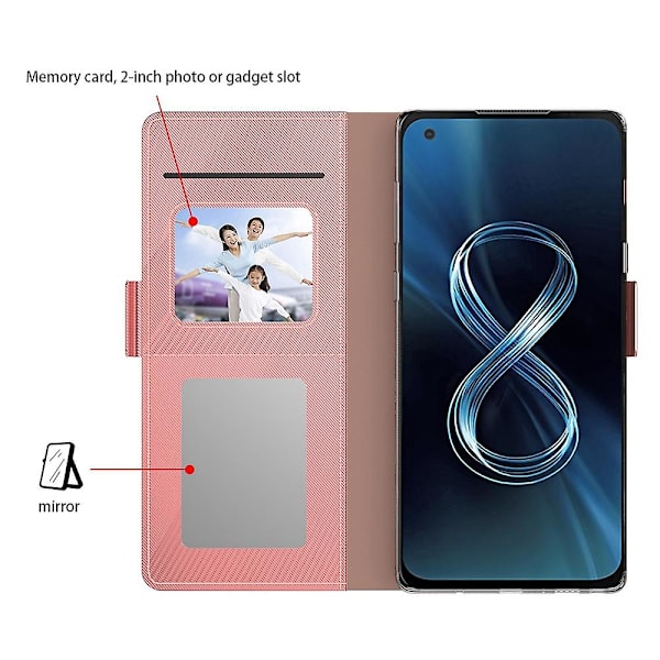 För Asus Rog Phone 5 Spegelfunktion Magnetisk stängning Pu Läder Phone case Folio Flip Stand Korthållare Cover Rose Gold