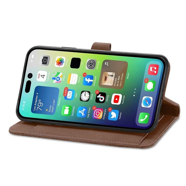 Case för iPhone 15 med präglad blomblixtlås Brown