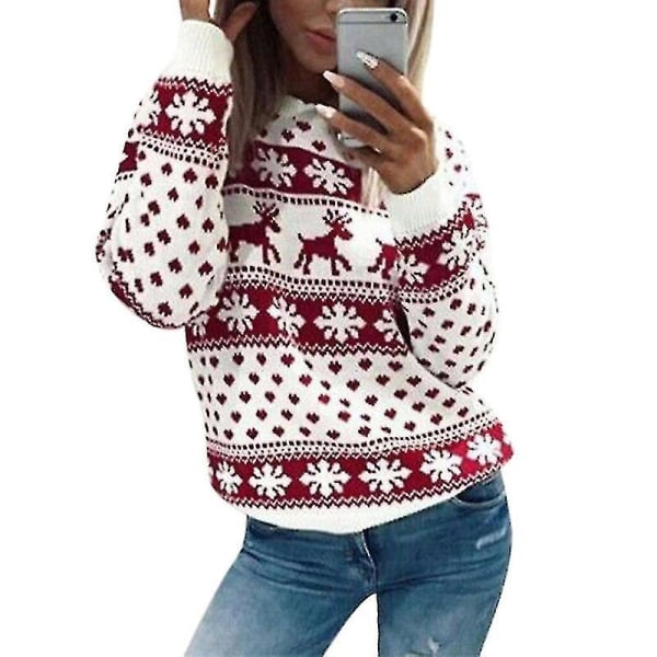 Dam långärmad tröja Jumper Xmas Elk Print Top Red XL