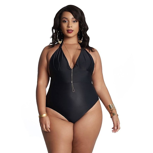 Baddräkt med djup V-hals för kvinnor Ruched Tummy Baddräkt rygglös baddräkt Black XXXL