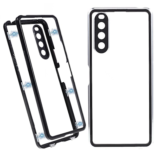 För Sony Xperia 10 V magnetiskt case Metallram + härdat glas + genomskinligt cover på baksidan Black