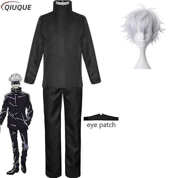 2023-anime Jujutsu Kaisen Gojo Satoru Cosplay Kostym Toppar Byxor Ögonlapp Halloween Party Män Uniform Peruker-1-1 Black Package 3 M