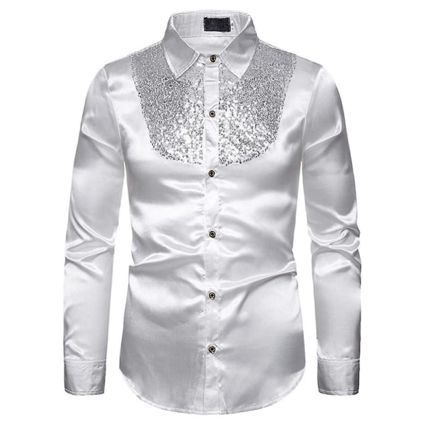 Män Glittrande paljetter Button-down Slim Fit Formella skjortor Party Evening Långärmad Klänning Skjorta Topp White XL