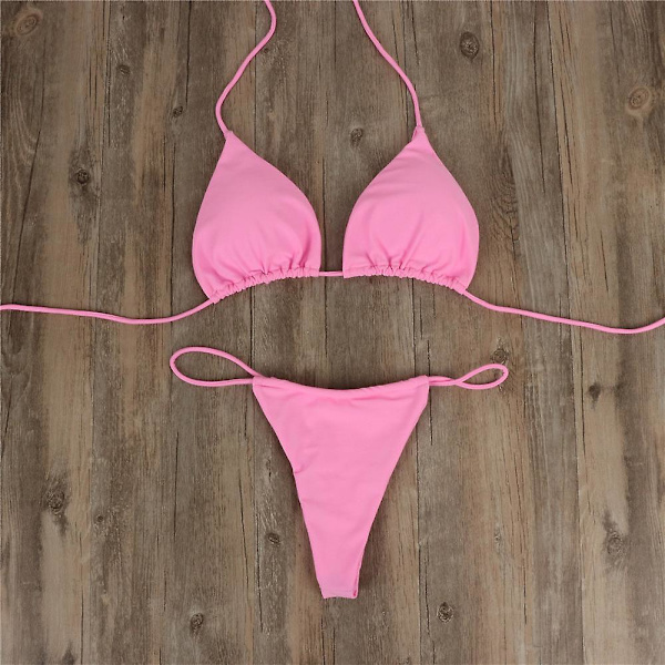 Bikini Set Bandage Solid brasiliansk baddräkt Baddräkt Vadderade string baddräkter pink M