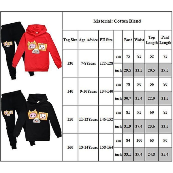 Barn Pojkar Flickor Lankybox Print Långärmad Luvtröja + Byxor Casual Outfit Set Träningsoverall Black 11-12 Years