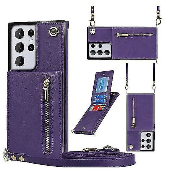 Case i läder för Samsung Galaxy S23 Ultra/ S23+/ S23 med halsrem & stativ & dragkedja Purple for S23 Ultra