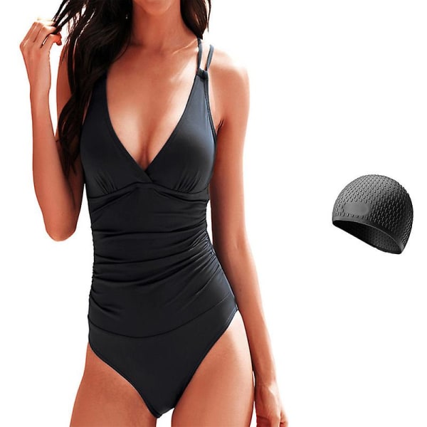 Baddräkt i ett stycke för kvinnor, sportträning v Hals/ cap Swimming Cap S Black Swimsuit