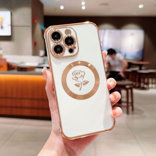 Magsafe- case kompatibelt med Iphone 15 Pro Max, lyxplätering Rose Flower Soft Tpu Stötsäkert cover för kvinnor, tjejer White For iPhone 15 Pro Max