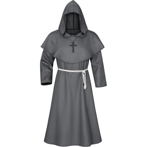Revengers Medieval Renaissance Monk Friar Priest Wizard Cloak Hooded Robe Cosplay Bälte Halsband Set Gray Small