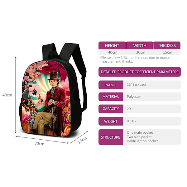 Wonka Skolväska Ryggsäck Student 16-tums Wonka Series Barn Skolväska Tredelad Set Ryggsäck Style Wonka  3 Backpack