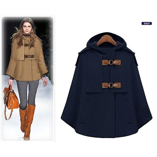 Ny fleecejacka med huva för kvinnor Lös kashmir poncho ullblandningar Vindjacka Höst Vinter Mode Azul XL