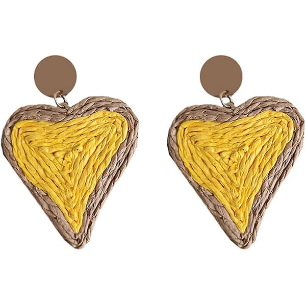 Bohemian Woven Straw Wicker Raffia Rotting Dingle Örhängen Geometriska Circle Round Drop Earrings yellow heart