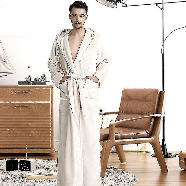 Kvinnor Män Vinter Plus Size Flanellrock Extra lång Huva Varm Morgonrock Lovers Tjock Kimono Badrock Man Morgonrock Robes men hooded beige M