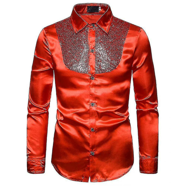 Herr paljetter Glitter Slim Fit Button-down skjortor Party Långärmad Klänning Skjorta Toppar Red XL