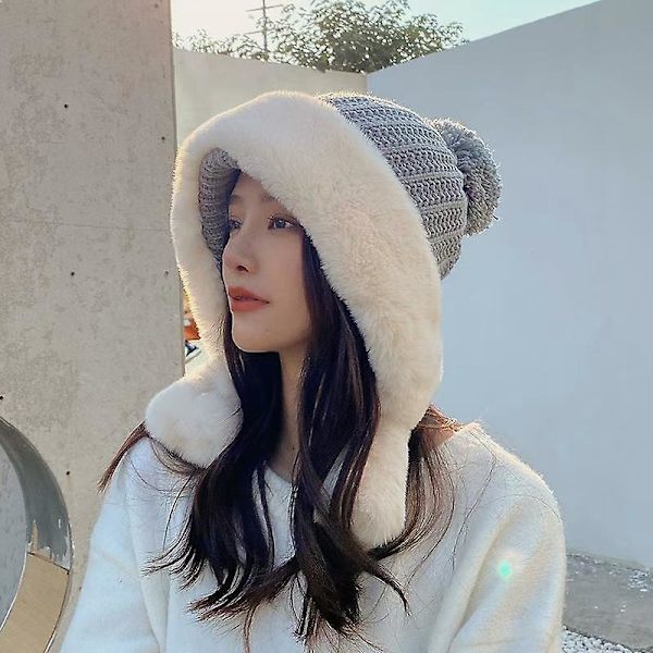 Kvinnor Vinter Mössa Skid Cap Fleece Fodrad Öron Flik Dual Layered Pompom Hat White