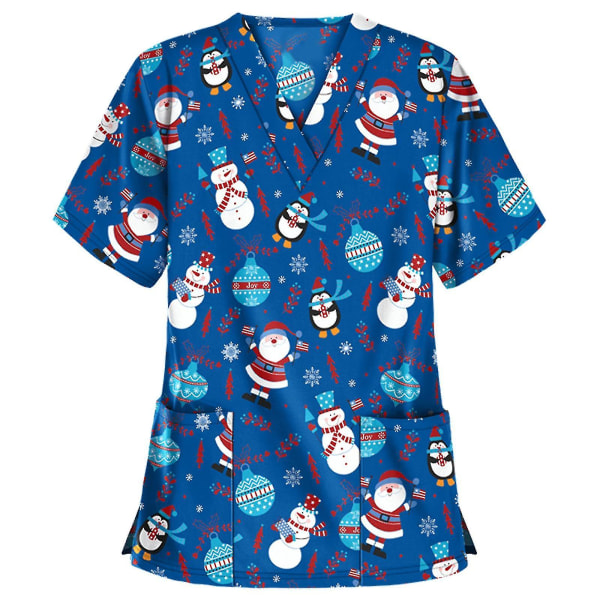 Jul sjuksköterska Uniform Kvinnor V-hals Print T-shirt Casual Kortärmad Pocket Toppar 1 XXL