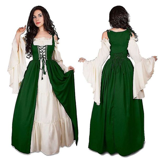 Kvinnors medeltida renässansdräkt Cosplay med överklänning Green 2XL