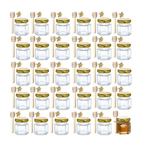 1,5 oz hexagon mini glas honung burkar med trä dipper guld lock Bee hängen jute för baby shower Bröllop gynnar Party favors 45ml 20 Pcs