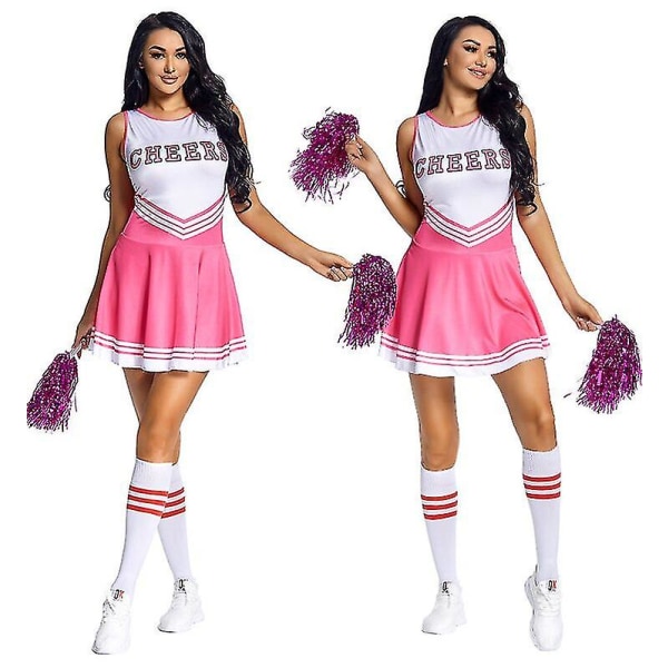 Kvinnors skolflickor musikalisk fest Halloween cheerleader kostym tjusig klänning pink M