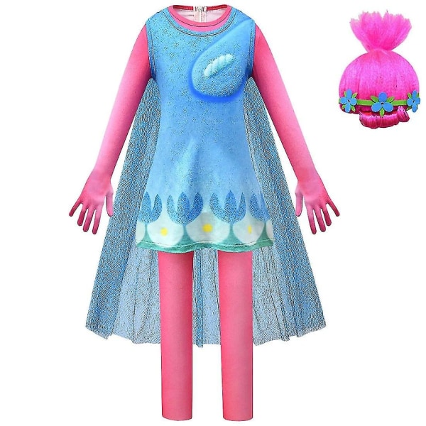 Trolls 2 Barndräkt För tjejer Prinsessklänning Barn Cosplay Trolls Poppy Festklänningar Vestido Fantasia Infantil Tjejkläder dress wig 130